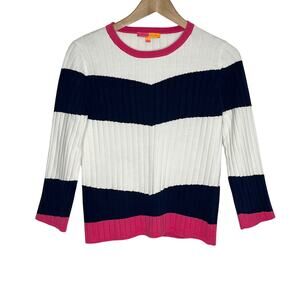 Vilagallo Sweater Womens Large Navy Pink Colorblock Stripe Ribbed Cotton